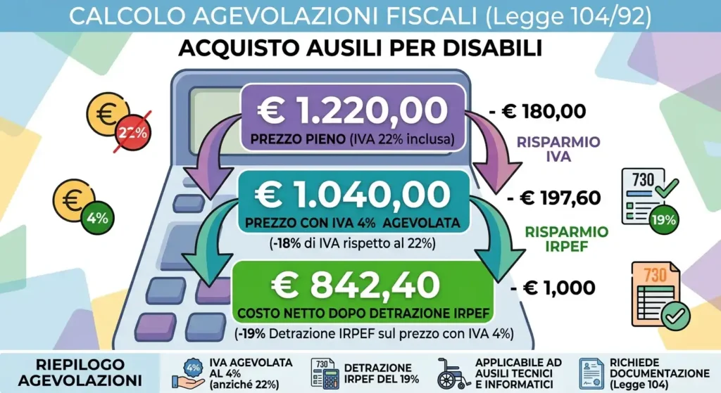 Legge 104 agevolazioni fiscali acquisto ausili prezzo pieno, prezzo con IVA 4%, costo netto dopo detrazione IRPEF