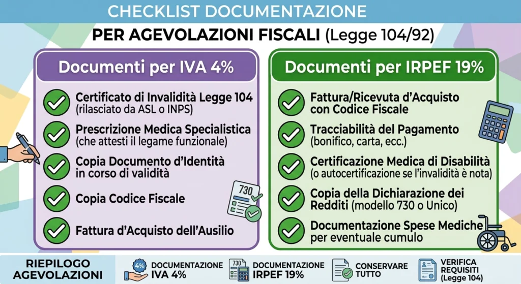 Legge 104 agevolazioni fiscali acquisto ausili Documenti per IVA 4%" e "Documenti per IRPEF 19%